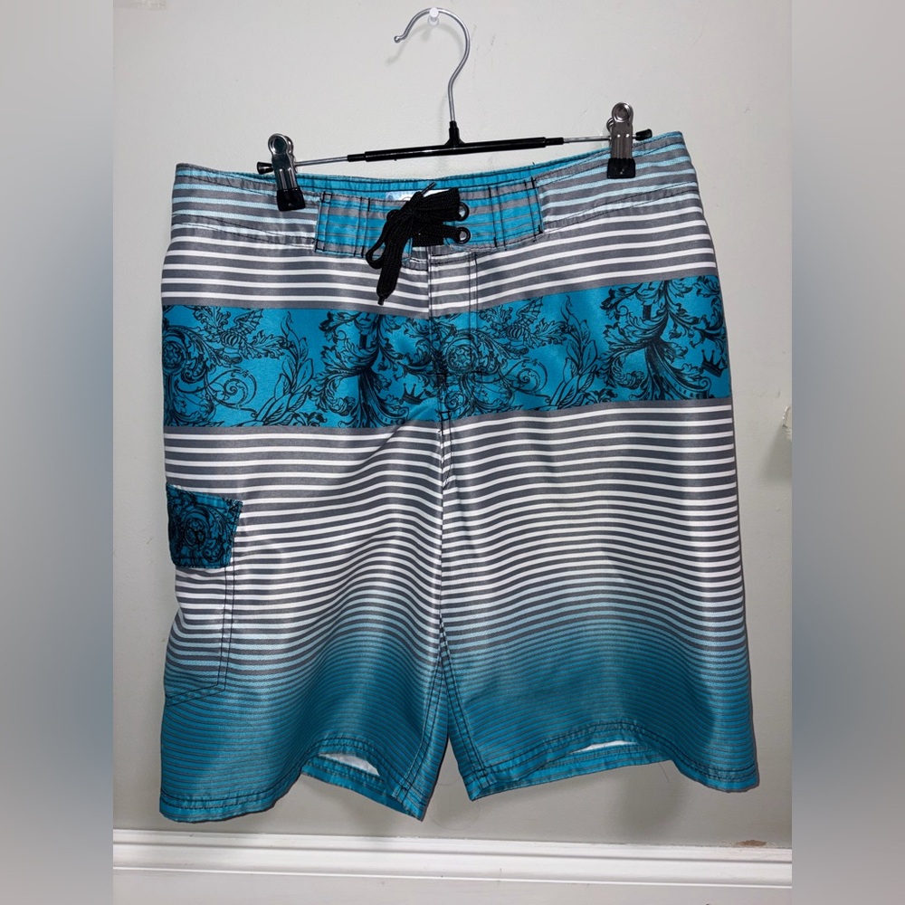 OP ocean pacific‎ vtg blue white striped floral board shorts men’s 30 no lining